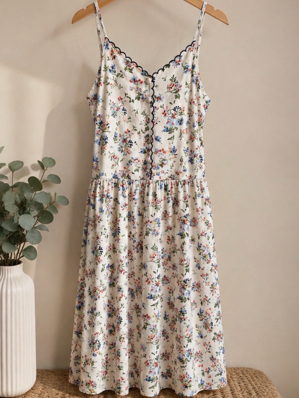 Cream Floral Spaghetti-Strap Midi Dress